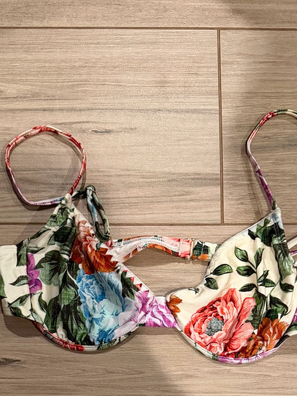 Chelsea & Violet Floral Underwire Bikini Top in Cream with Green, Pink, Blue